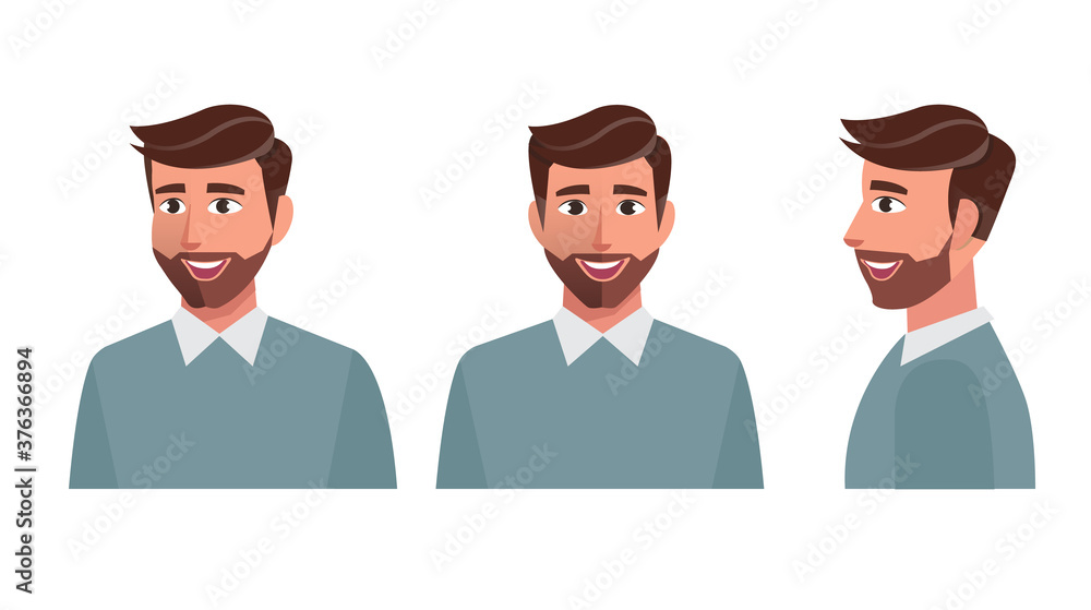 Wall mural Face Cheerful bearded man wearing casual clothes.front, side., Vector eps10