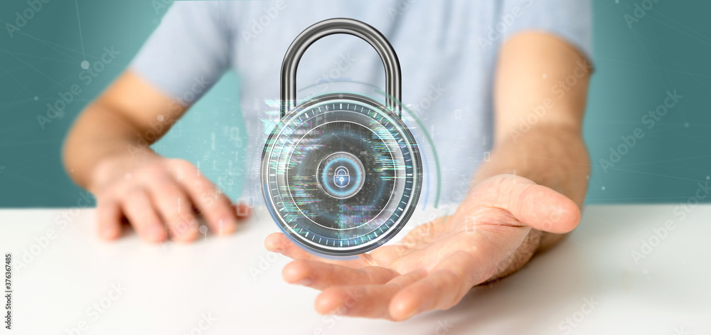 Poster businessman holding a padlock and security data - 3d rendering