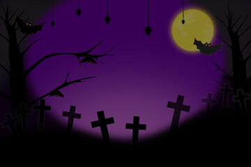 Fototapeta premium Halloween season. Full moon, bat, spider and cross on violet background. Night scene.