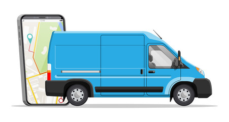 Blue delivery van and smartphone with navigation app. Express delivering services commercial truck. Concept of fast and free delivery by car. Cargo and logistic. Cartoon flat vector illustration