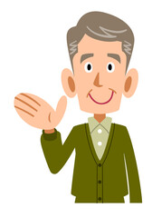 手のひらで誘導するシニアの男性の上半身
