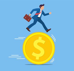 Businessman is running on dollar coin. Annual revenue, financial investment, savings, bank deposit, future income, money benefit. Time is money. Vector illustration in flat style.