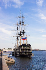 View of an old ship on the Neva River, St. Petersburg. Russian culture