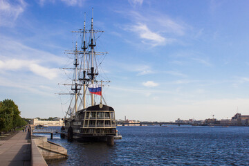 Fototapeta na wymiar View of an old ship on the Neva River, St. Petersburg. Russian culture