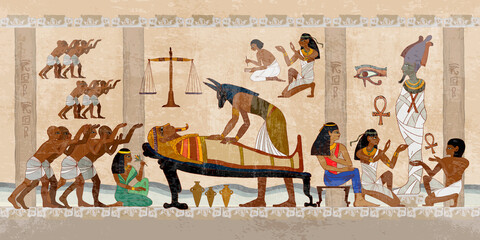 Ancient Egypt. Mummification process. Concept of a next world. Hieroglyphic carvings. History wall painting, tomb King Tutankhamun. Anubis and pharaoh sarcophagus. Egyptian gods, mythology