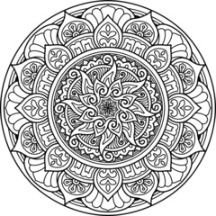 mandala design coloring page and t-shirt print yoga concept.