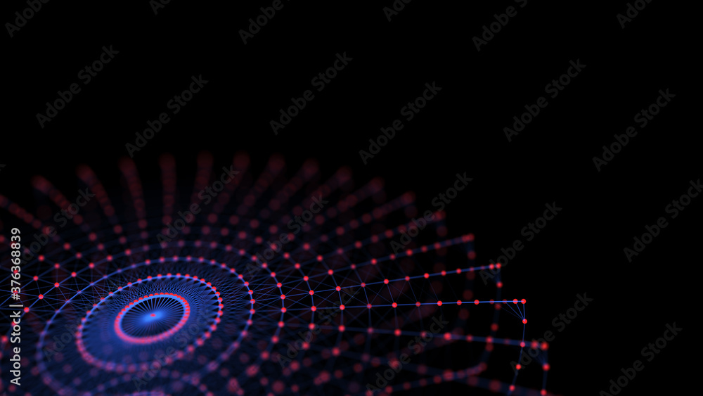 Poster Abstract digital background of circle with connection red dots and blue lines. Concept network connection and big data. Centric composition.