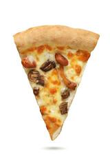 Piece of pizza with mushrooms isolated on white background.