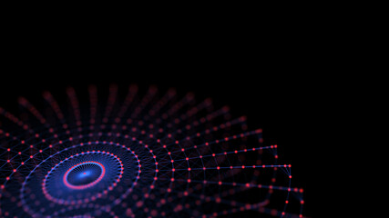 Abstract digital background of circle with connection red dots and blue lines. Concept network connection and big data. Centric composition.