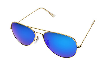 Blue aviator sunglasses with golden frame isolated on white background.