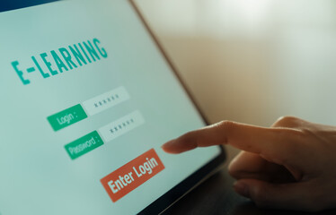 Webinar Online Courses concept, woman holding tablet with show screen e-learning login to classroom.