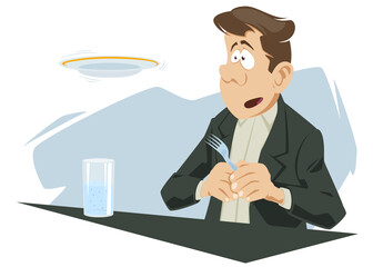 Surprised man looks at flying plate. UFO theme. Alien Space ship.