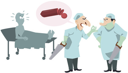 Dispute of doctors about operation. Two surgeons near patient.