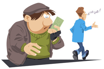 Surprised beggar with bill in his hands. Businessman helped poor male.