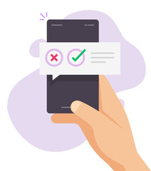Poll vote digital quiz message notification chat bubble on mobile phone online vector, questionnaire survey notice, right and wrong, yes no checkboxes on smartphone flat, decision on cellphone in hand