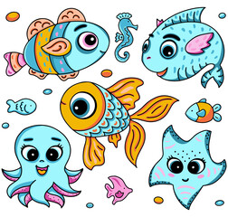 Cartoon marine life collection, vector illustration with fish, octopus, starfish with big eyes.