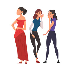 Fototapeta na wymiar Two Girl Friends Gossiping and Giggling Behind Beautiful Woman in Red Dress Cartoon Vector Illustration on White Background