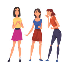 Fototapeta premium Two Girl Friends Gossiping and Giggling Behind Upset Stressed Girl Cartoon Vector Illustration on White Background