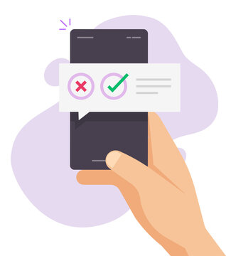 Poll Vote Digital Quiz Message Notification Chat Bubble On Mobile Phone Online Vector, Questionnaire Survey Notice, Right And Wrong, Yes No Checkboxes On Smartphone Flat, Decision On Cellphone In Hand