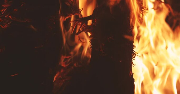 Details with wood and embers burning in a camp fire pit at night.