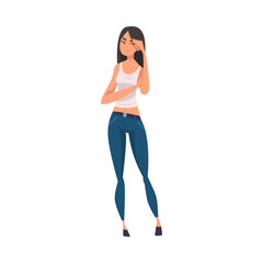 Fototapeta premium Sad Stressed Brunette Girl in Blue Jeans and White Tank Top Cartoon Vector Illustration on White Background
