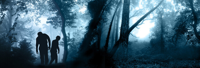 Two zombies in mysterious landscape of foggy forest