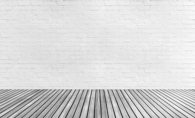 Clean White blank brick wall with wooden floor for background. Modern Vintage Structure. Copy, text, wording and graphic space.
