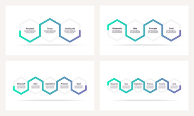 Business process. Timeline infographics with 3, 4, 5, 6 steps, options, hexagons. Vector template.