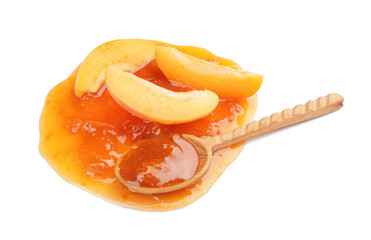 Spoon with tasty apricot jam on white background