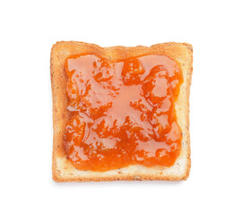 Toast with tasty apricot jam on white background
