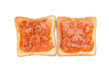 Toasts with tasty apricot jam on white background