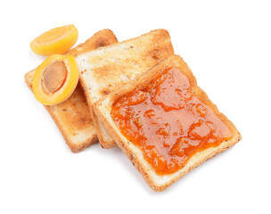 Toasts with tasty apricot jam on white background