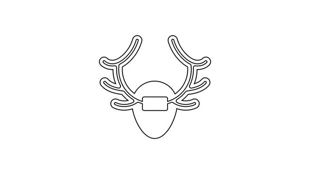Black line Deer antlers on shield icon isolated on white background. Hunting trophy on wall. 4K Video motion graphic animation.