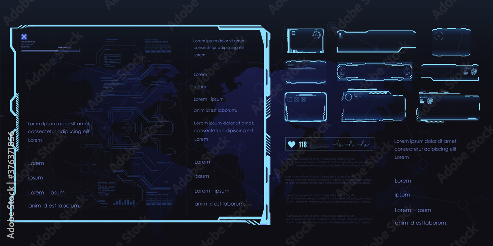 Poster set of futuristic frames for hud user interface. set of game frames or screens with text callouts. f