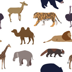 Fototapeta premium Seamless pattern with wild animals. Deer, tiger, lion, camel, ostrich, bear, elephant, giraffe, red panda. Hand drawn. Illustration for printing on fabric,clothing, stationery, bedding, wrapping paper