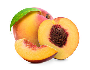 Fresh peach isolated. Organic nectarine or peach slice with leaf on white background. Cut out with clipping path