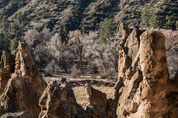 Elevated View of Ruins of the Tyuonyi Pueblo, Bandalier National Monument, New Mexico,USA
