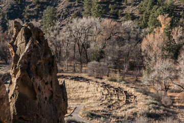 Elevated View of Ruins of the Tyuonyi Pueblo, Bandalier National Monument, New Mexico,USA