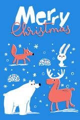 Merry Christmas vector winter poster with cute animals