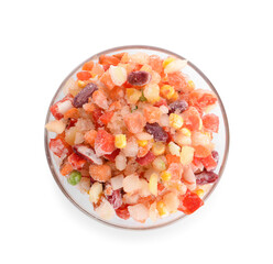 Mix of frozen vegetables in bowl on white background