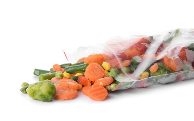 Bag with mix of frozen vegetables on white background