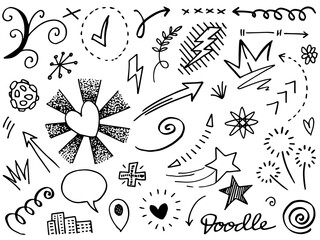 Abstract arrows, ribbons, hearts, stars, crowns and other elements in a hand drawn style for concept designs. Scribble illustration. Vector illustration.
