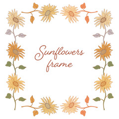 Vector decorative frame with beautiful sunflowers on long stems. Hand drawn vector illustration in flat style with lines on white background. Neutral, warm,honey colors.