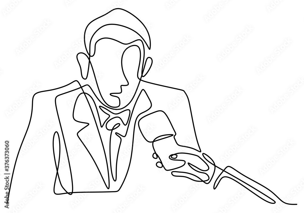 Poster one continuous line drawing of a businessman are interviewed by television broadcast journalist with