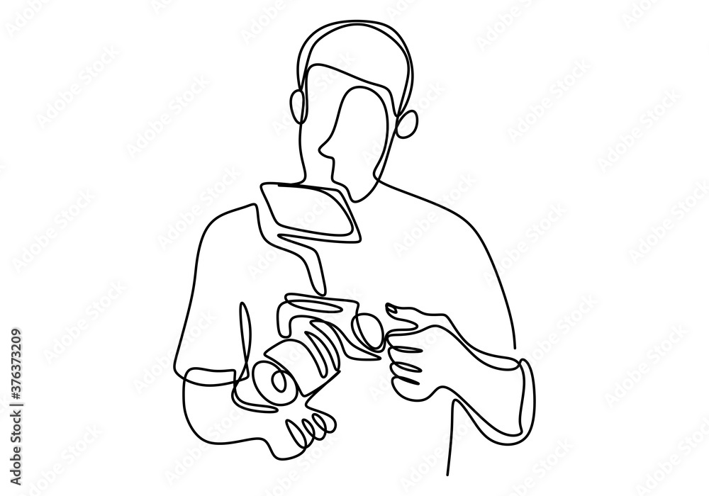 Poster continuous single drawn one line of senior cameraman. professional a videographer is preparing and c