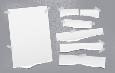 Torn of white note, notebook paper strips and pieces stuck with sticky tape on grey background created from square shapes. Vector illustration