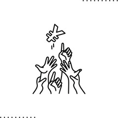 Exchange Rates, Japanese yen and reaching hands vector icon in outline