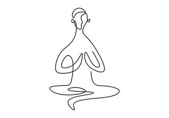 Continuous one line drawing man in yoga pose. Young male sitting with cross leg and folded his hands. Yoga lotus pose. Concept vector health illustration International Day of Yoga minimalist style