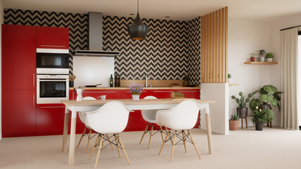 Cuisine rouge avec papier peint noir et blanc vue 3d 02