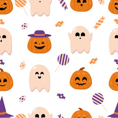 Halloween Pattern. Vector seamless pattern with sweets, pumpkins, ghosts. Vector flat illustration.
